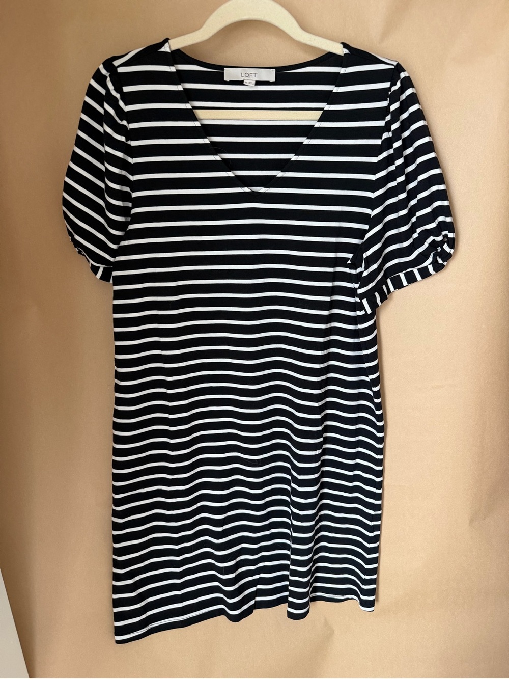 LOFT Black & White Striped V-Neck Midi Dress